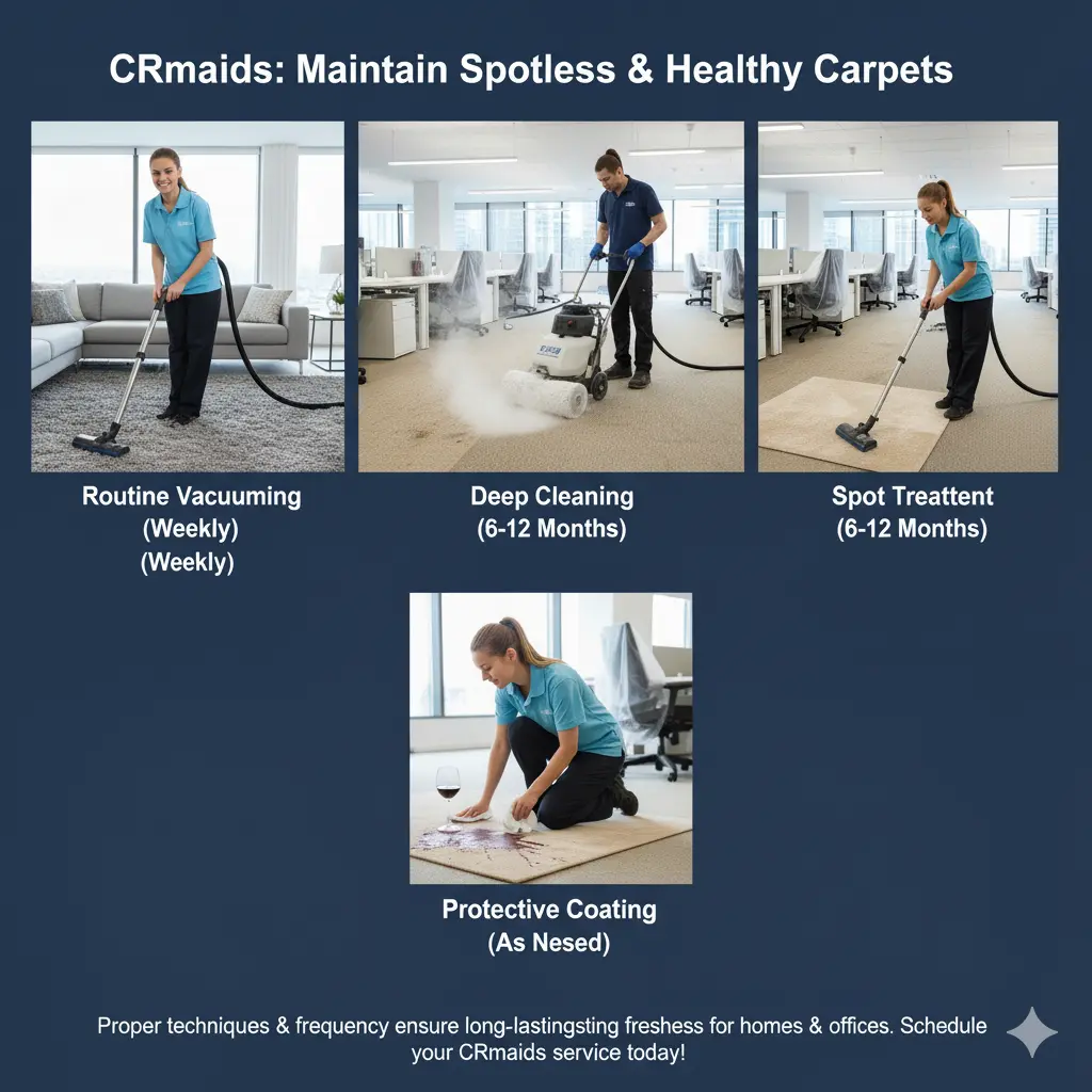 CRmaids expert showing how often should carpets be cleaned for optimal maintenance and freshness.