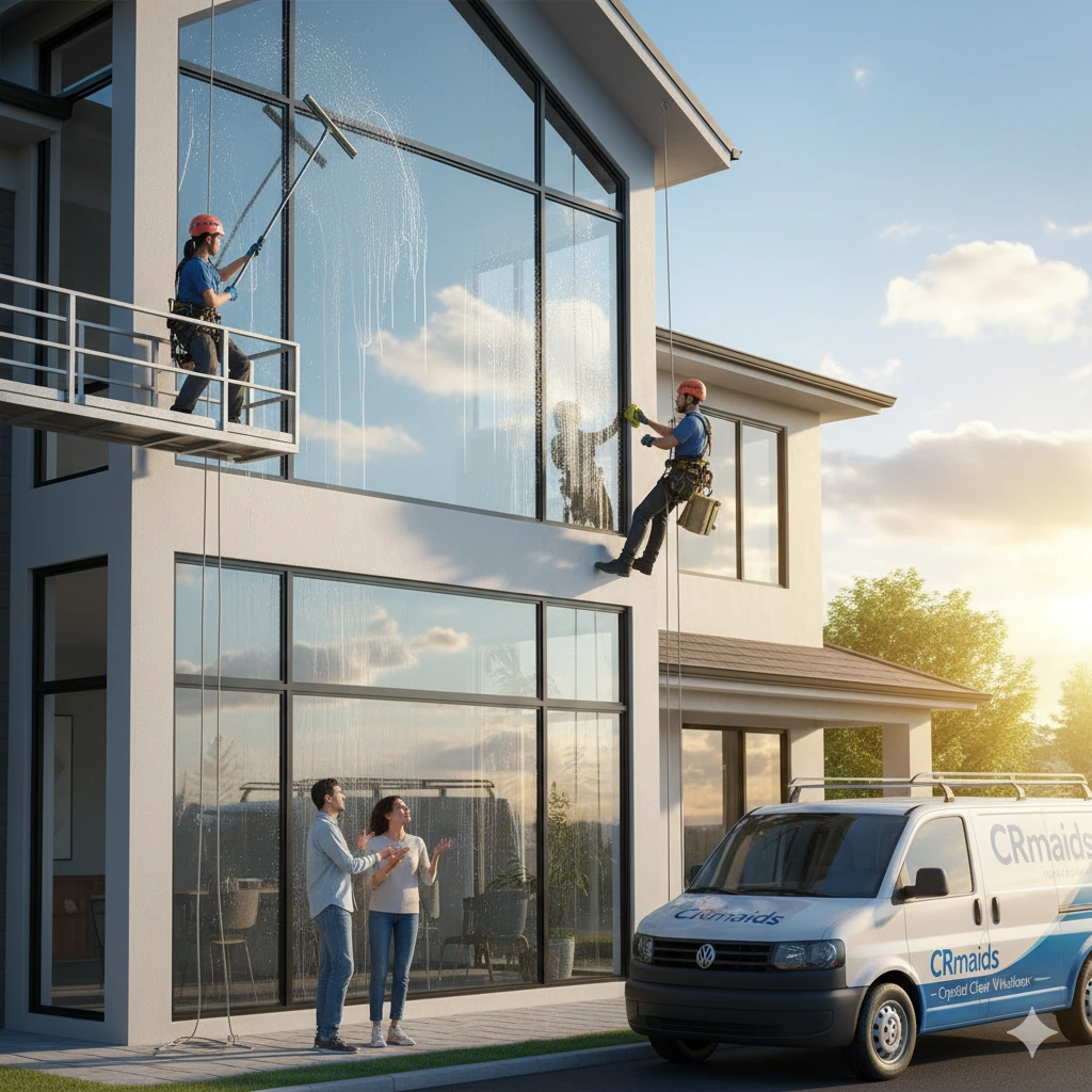 CRmaids-What-Should-I-Look-for-in-a-Window-Cleaning-Company-Near-Me CRmaids expert demonstrating what to look for in a professional window cleaning company.