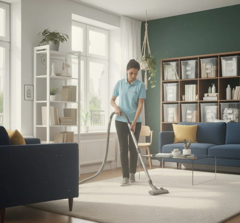 A professional cleaner vacuums the carpet in a cozy apartment living room, demonstrating routine maintenance for allergen-free and fresh carpets.