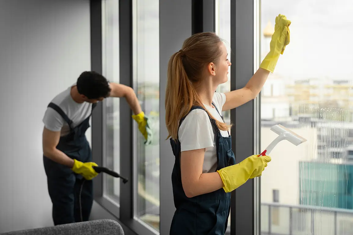 medium-shot-people-cleaning-building professional cleaners washing large office windows with gloves and squeegee