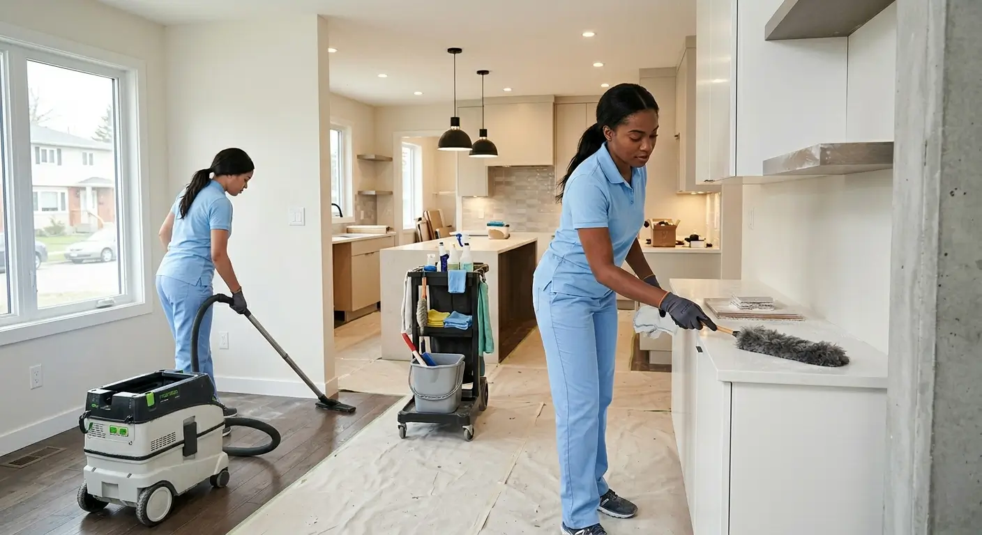 professional-post-construction-cleaning.webp CR Maids crew completing professional post-construction cleaning in a newly renovated home removing drywall dust and debris from all surfaces
