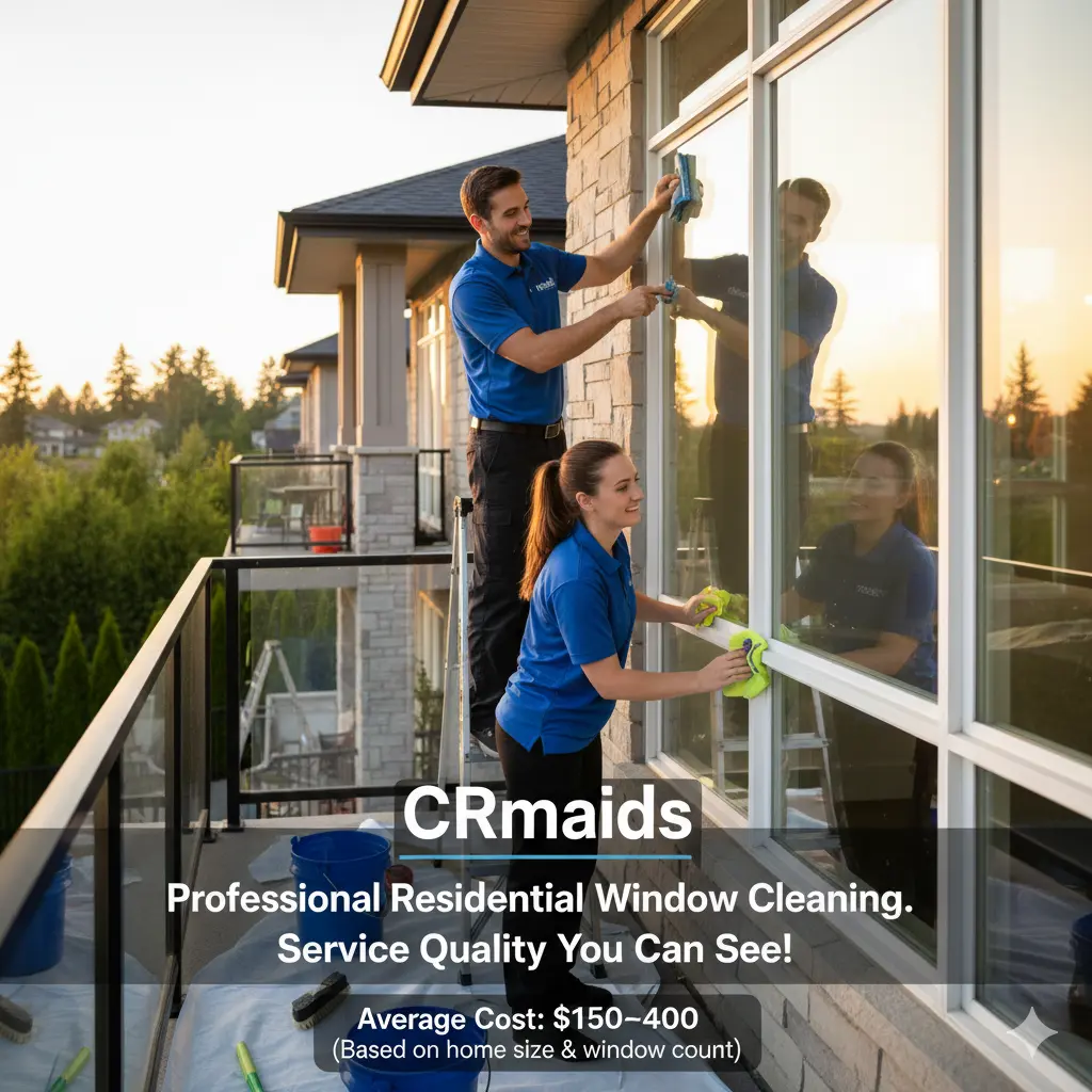 CRmaids-Average-Cost-of-Residential-Window-Cleaning CRmaids expert providing residential window cleaning while demonstrating what is the average cost of professional services for spotless results.