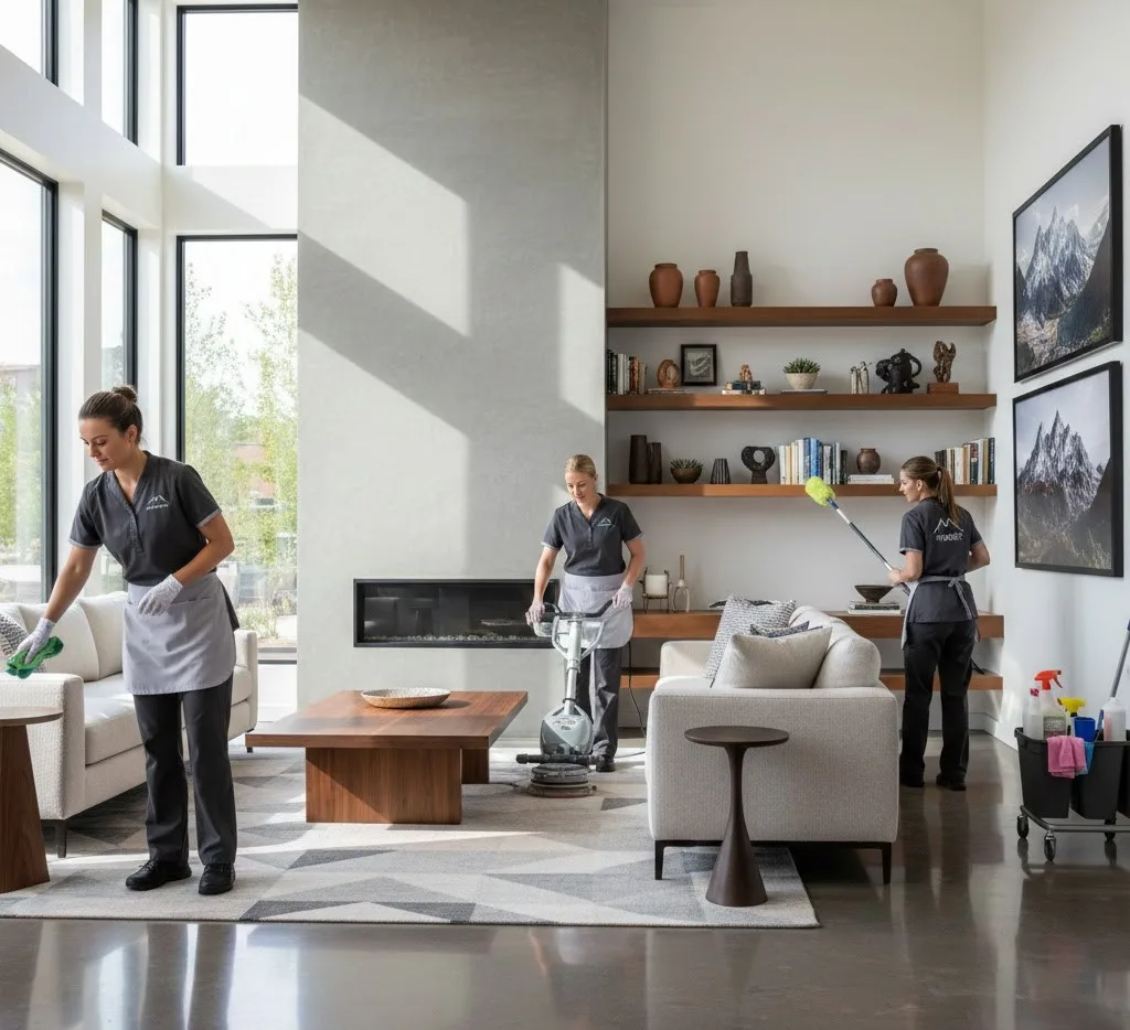 Colorado-Home-Maid-Cleaning-in-Action Professional maid cleaning living room in Colorado home