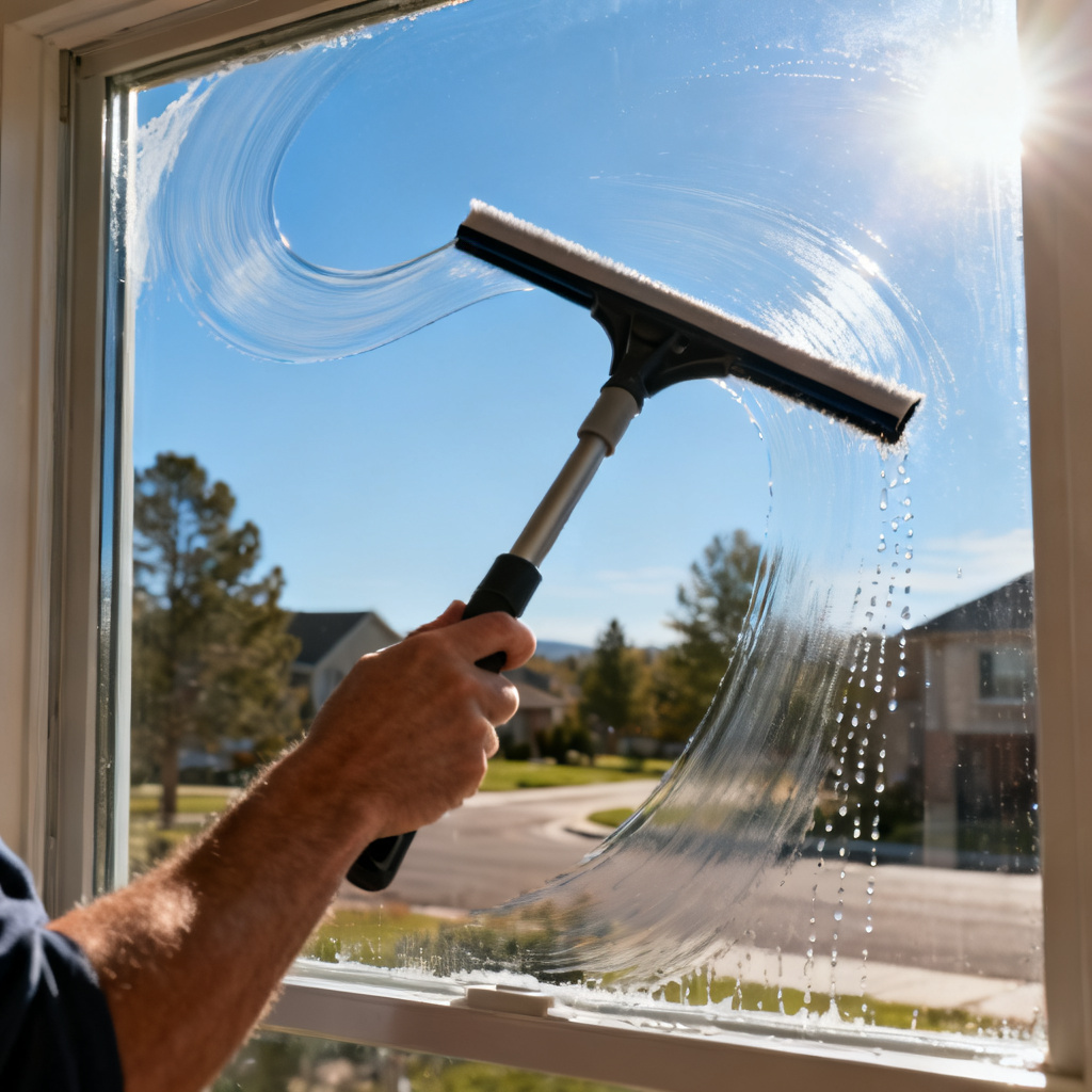 residential-window-cleaning-technique Cleaner using squeegee on a Castle Rock home window in S-pattern a window cleaning techniques