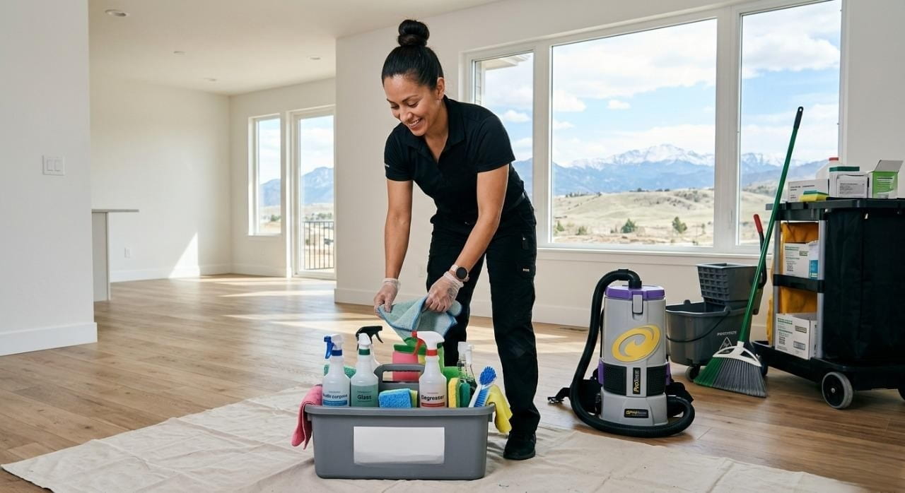A professional CR Maids cleaner preparing to deep clean a Colorado home before a real estate inspection