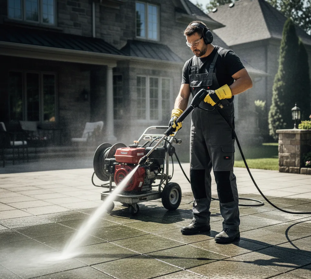 Best pressure washer for patio cleaning . Worker power washing a patio with water spray and cleaning equipment.