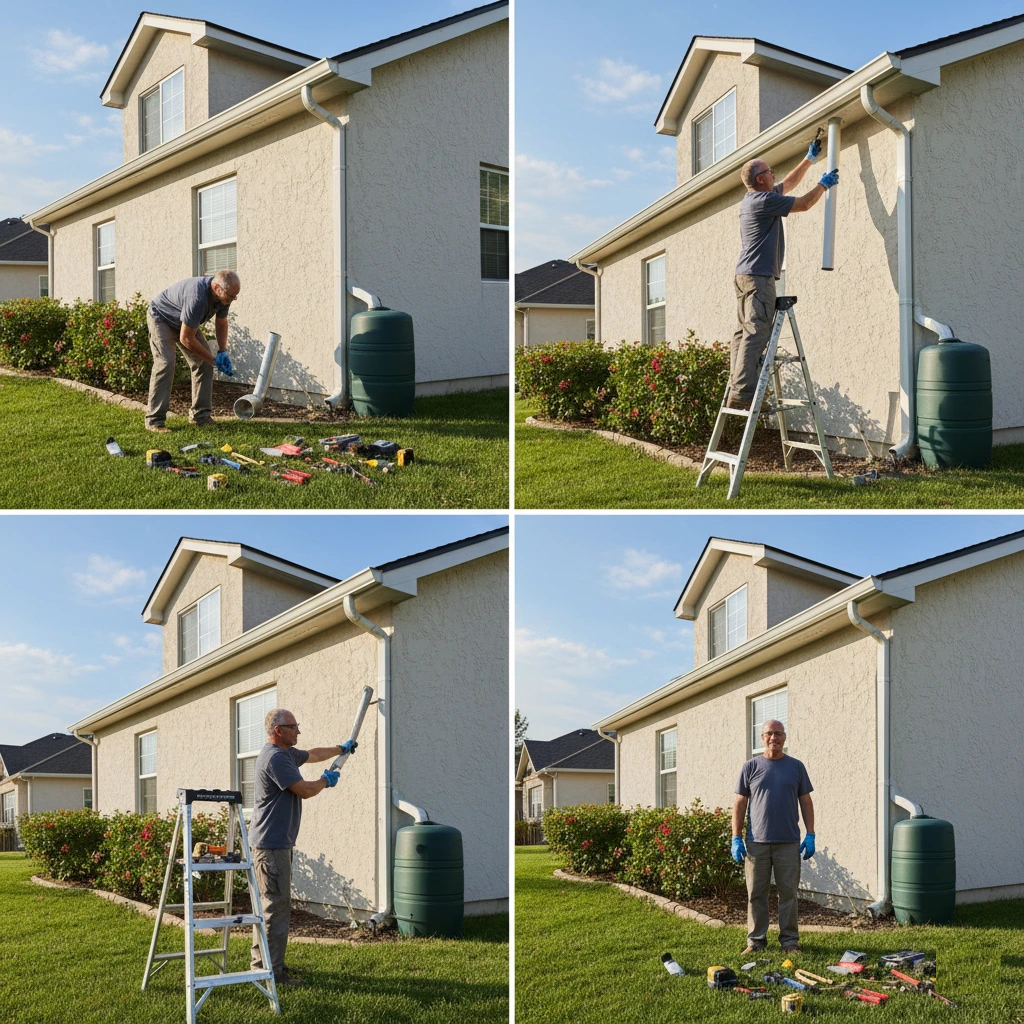 Homeowner repairing a downspout on a house with tools. DIY downspout repair guide