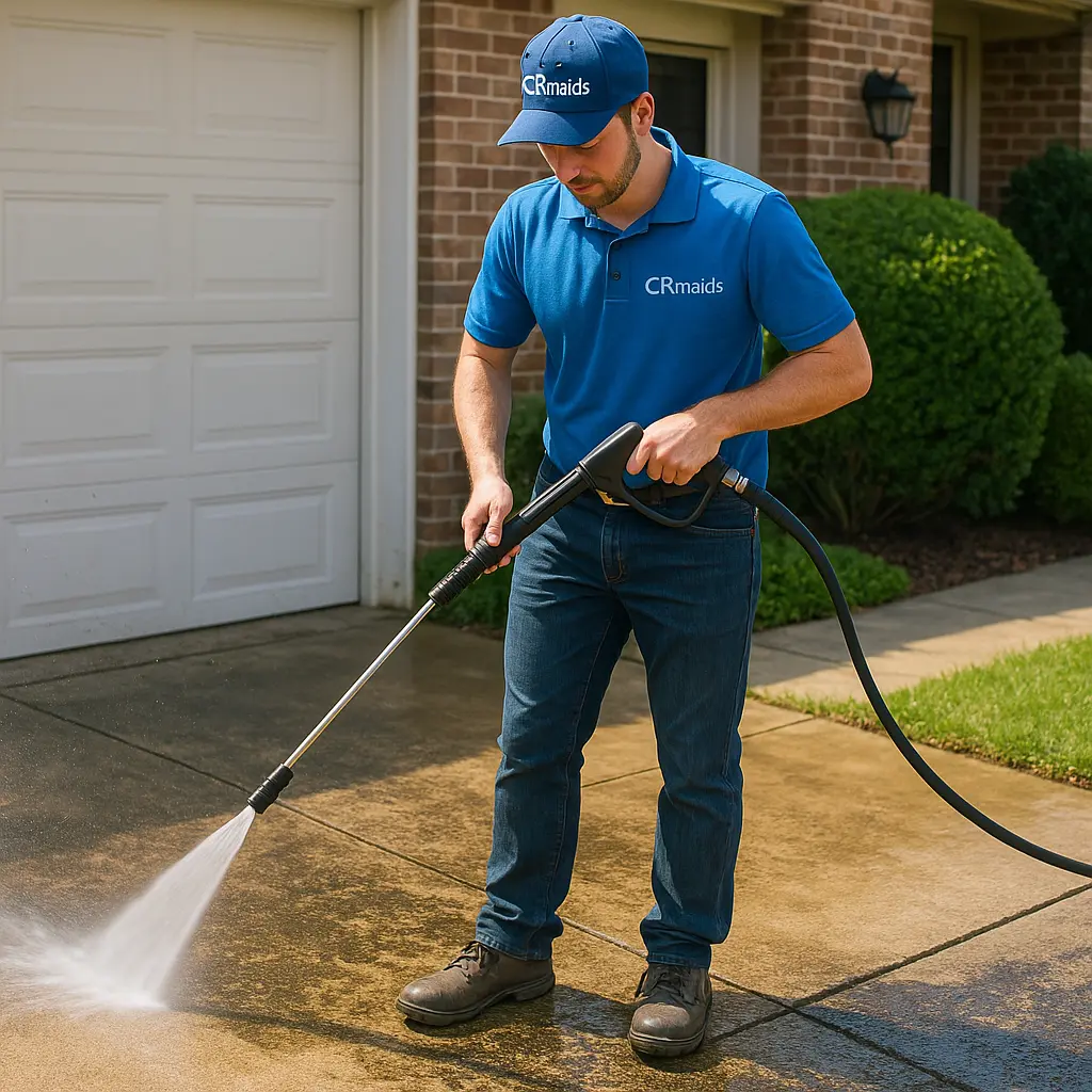 Before and after driveway power washing by CR Maids showing dramatic removal of grime, oil stains, and mold for a cleaner, safer driveway.