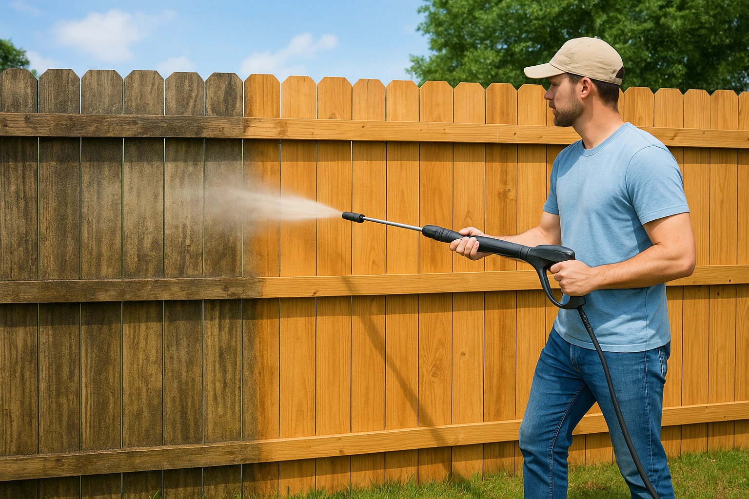 How to clean a fence with a pressure washer on a wooden fence to remove dirt, grime, and mildew.