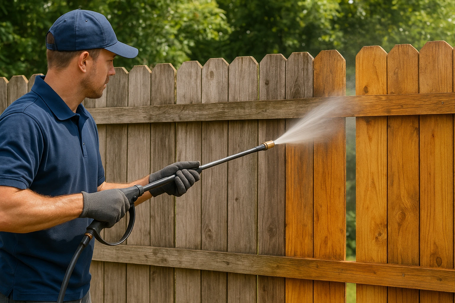 Fence-Power-Washing-by-CR Maids Worker using a fence power washing on a wooden fence for cleaning and restoration.