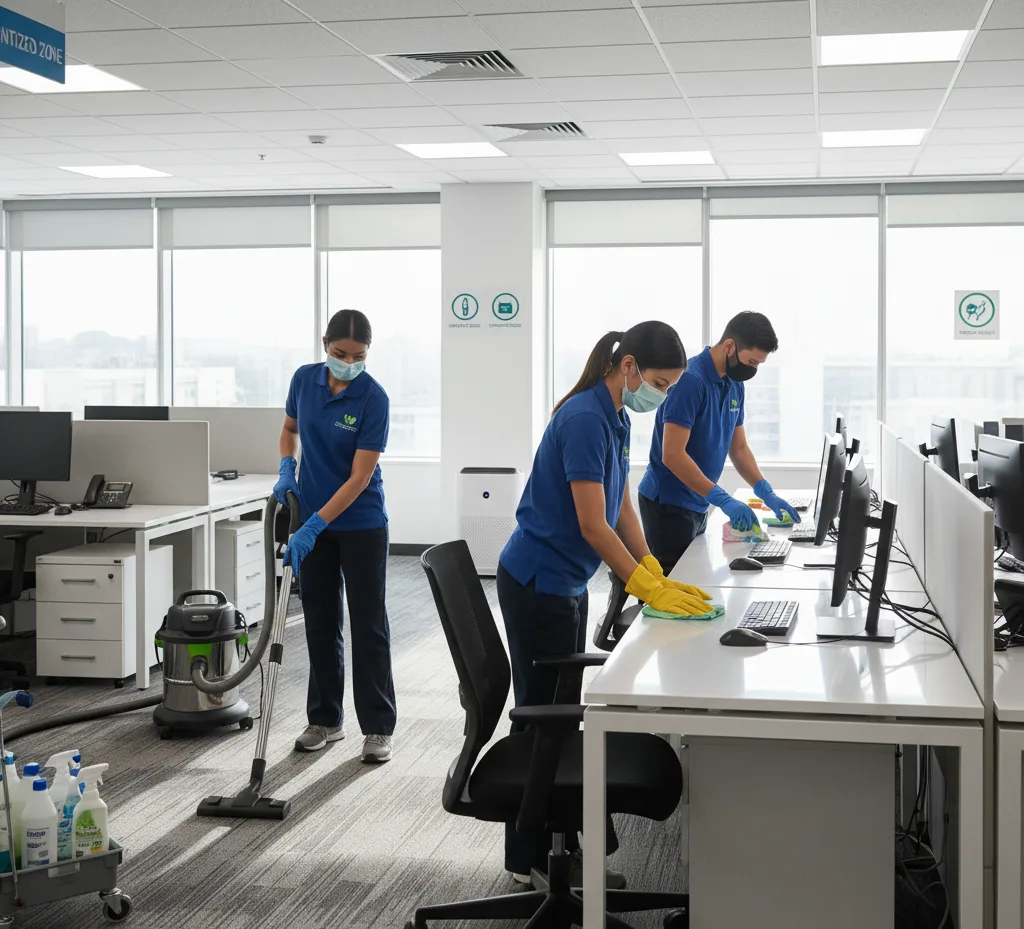 Modern-Office-Cleaning-Services Professional office cleaners sanitizing desks and floors in a modern American office