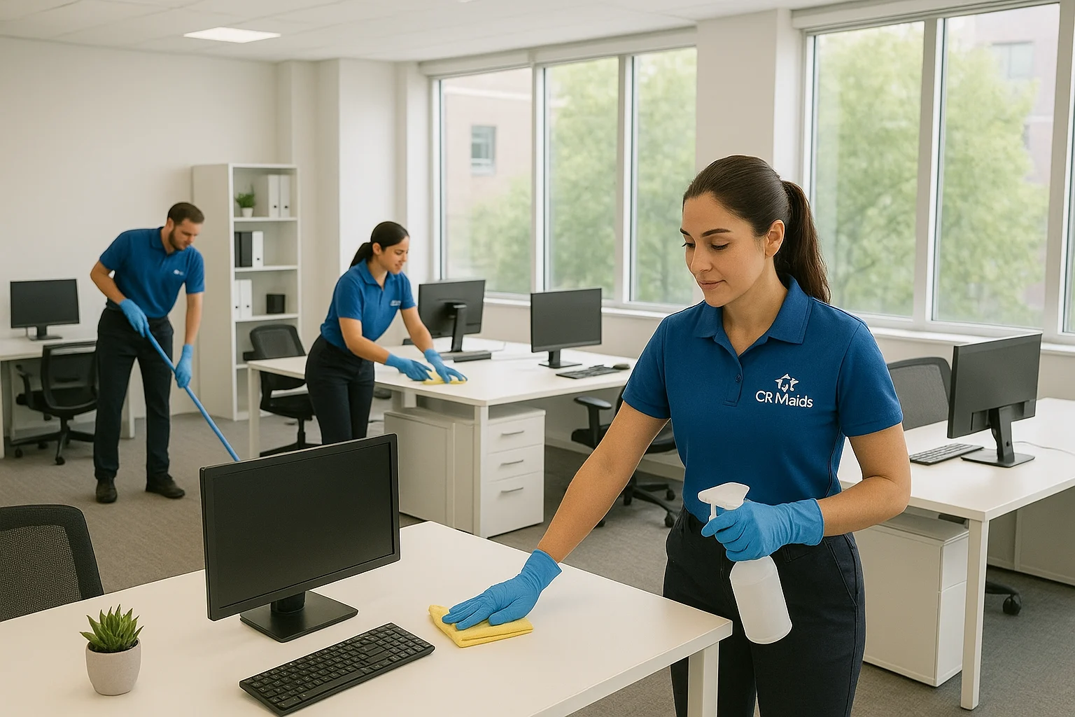Office-Cleaning-Routine-in-Modern-Workspace Professional office cleaning staff wiping desks and sanitising a modern office workspace
