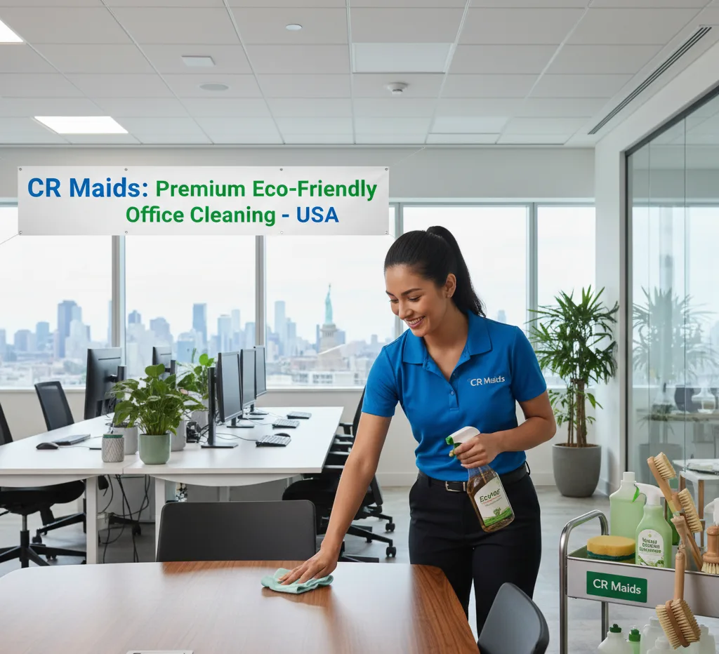 CR Maids team member office cleaning service desks and workstations using eco-friendly cleaning products in a bright corporate office.