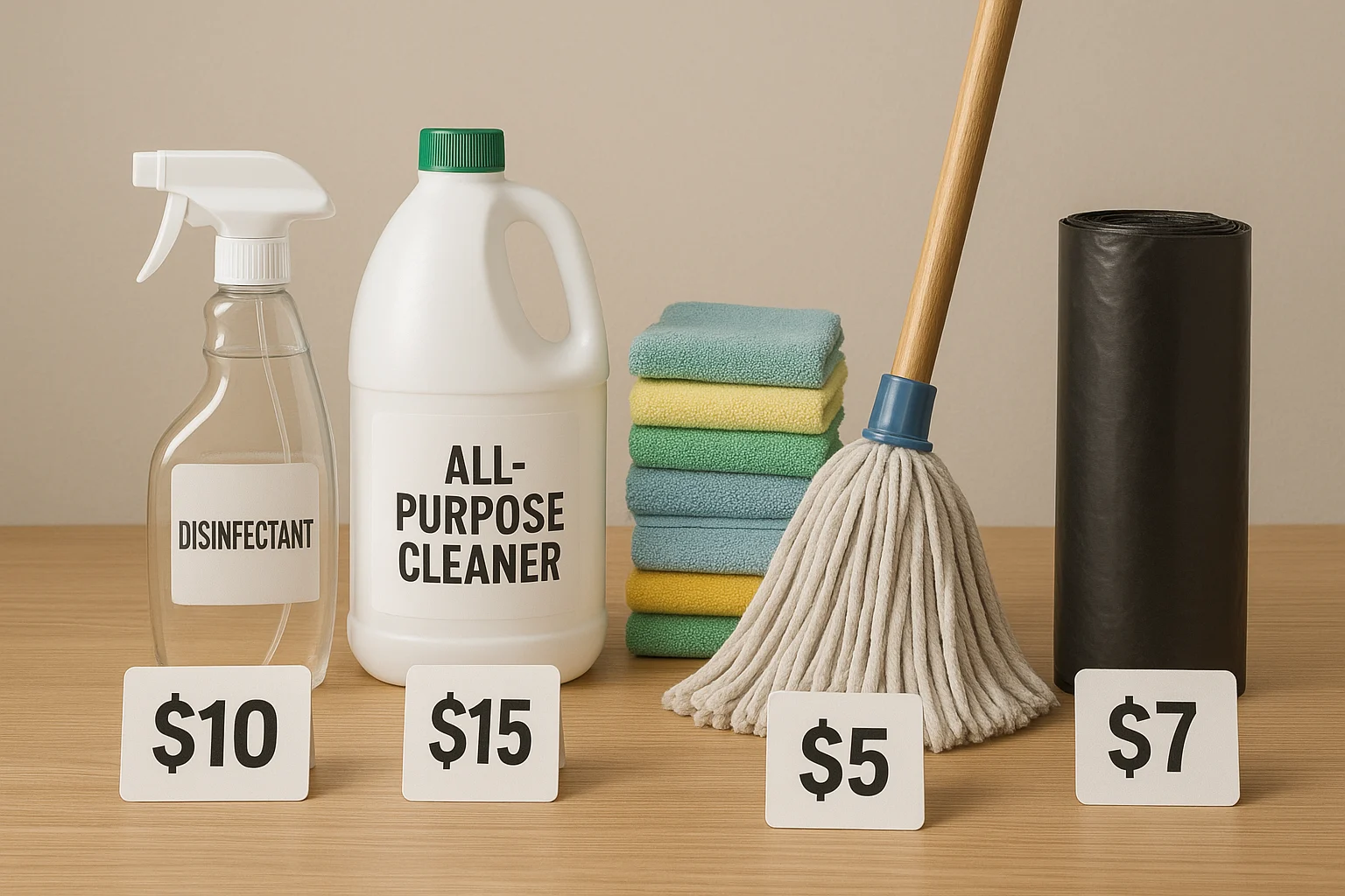 Office-Cleaning-Supplies-Cost-Overview how much do office cleaning supplies cost including disinfectants, mops, and trash bags on a desk.