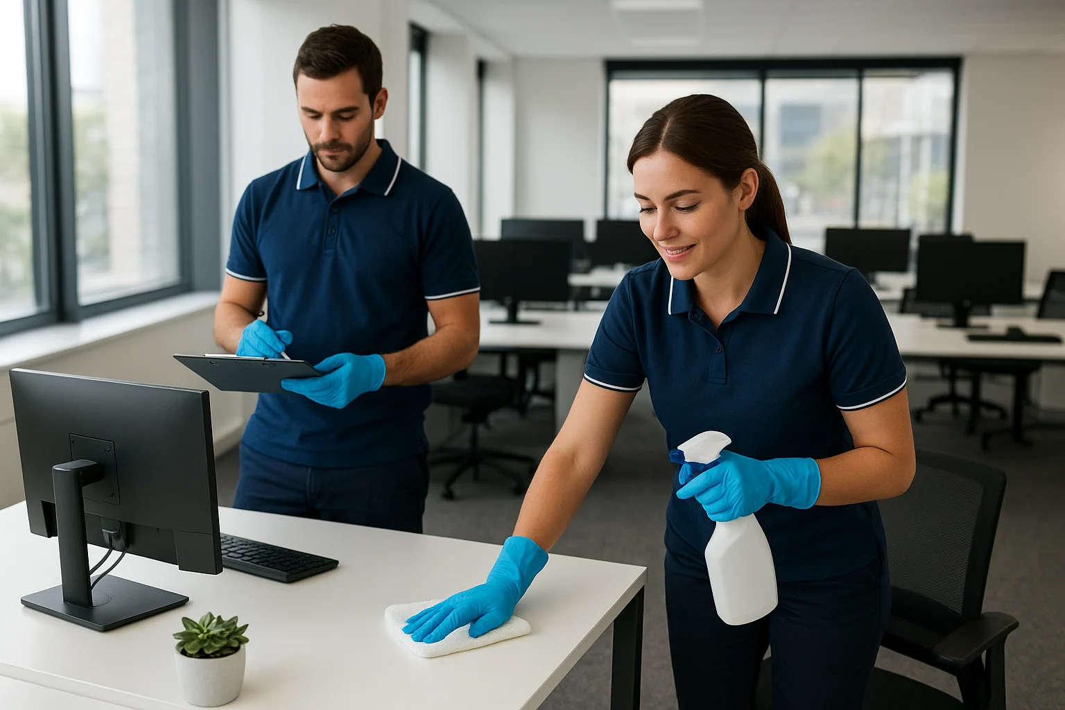 Professional office cleaning checklist, wiping desks and organizing workspace