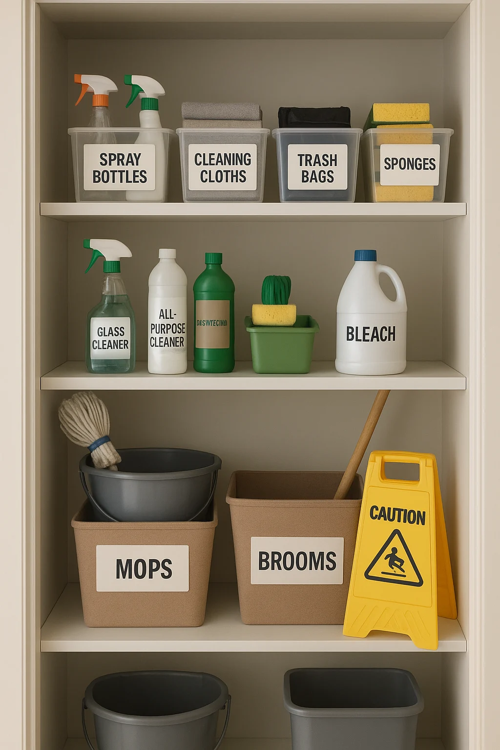 how to organize office cleaning supplies with organized shelves, bins, and labelled cleaning products