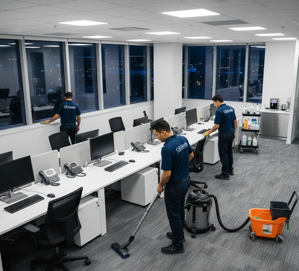 CR Maids professional cleaners sanitising desks and vacuuming floors in an American office.