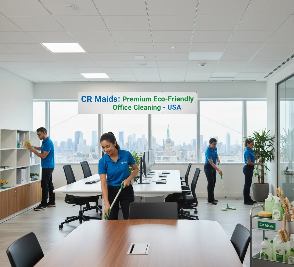 Professional-Office-Cleaning-Service Office cleaning service team cleaning desks and workspaces with eco-friendly products for a professional and hygienic office environment.