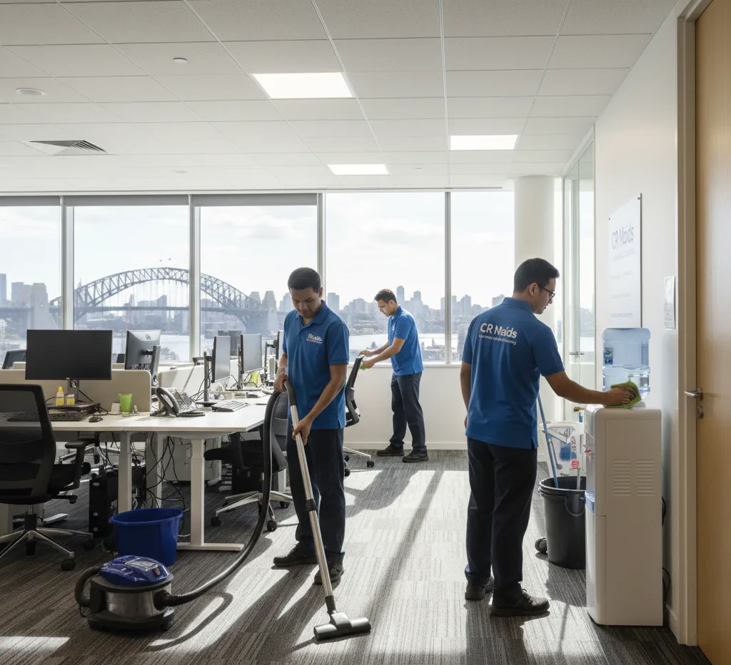 CR Maids team carrying out routine office cleaning and surface sanitising in an American workplace.