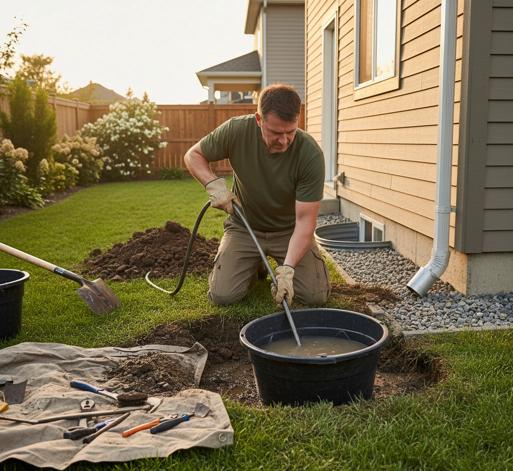 clean-buried-downspout How to clean a buried downspout. Homeowner cleaning an underground downspout with a hose and drain snake