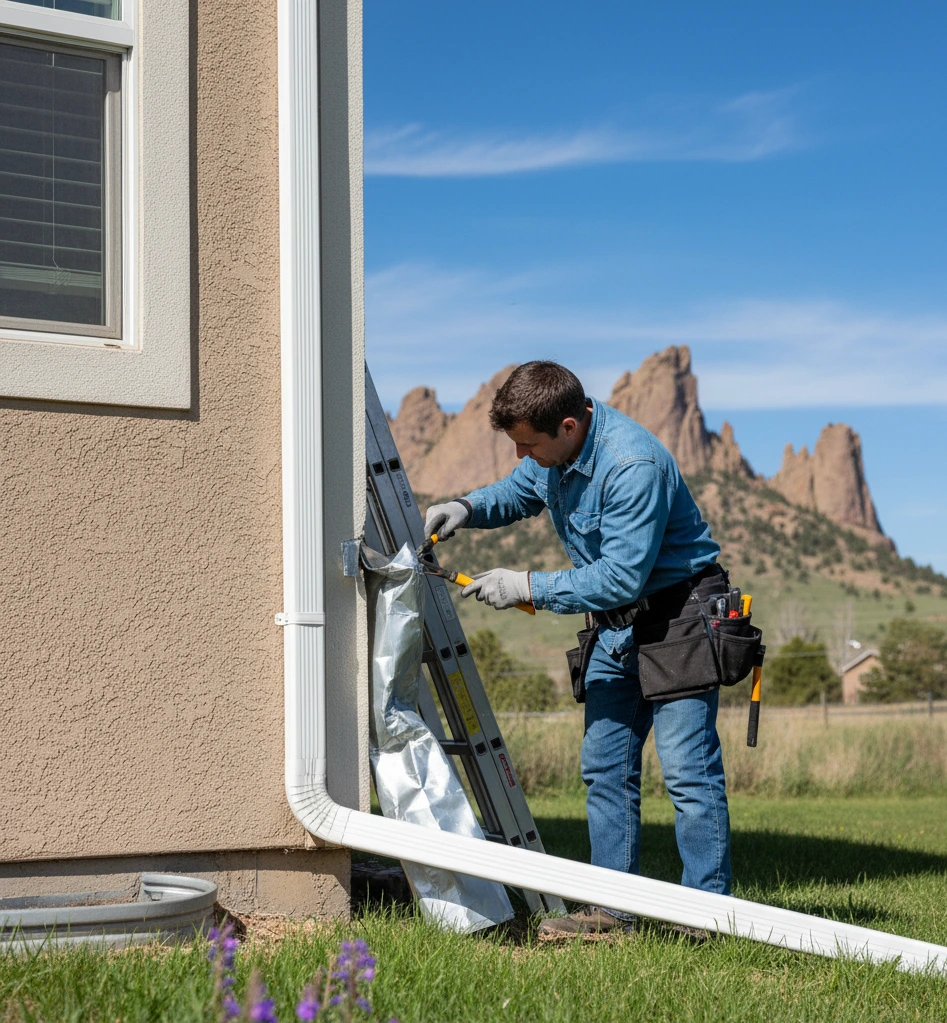 cost-to-repair-gutter-downspout Cost to repair gutter downspout. Homeowner repairing gutter downspout on house exterior in Castle Rock