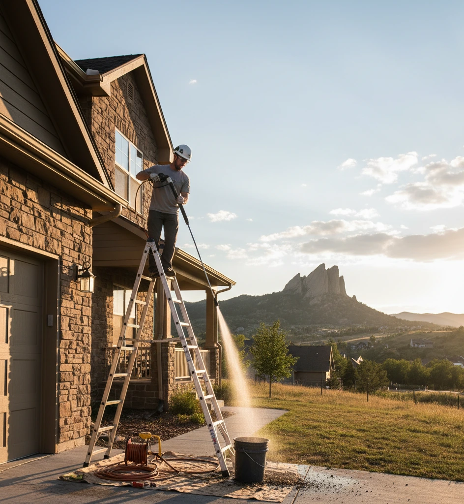 How to unclog a downspout. Cleaning clogged downspout with plumber’s snake near Castle Rock home