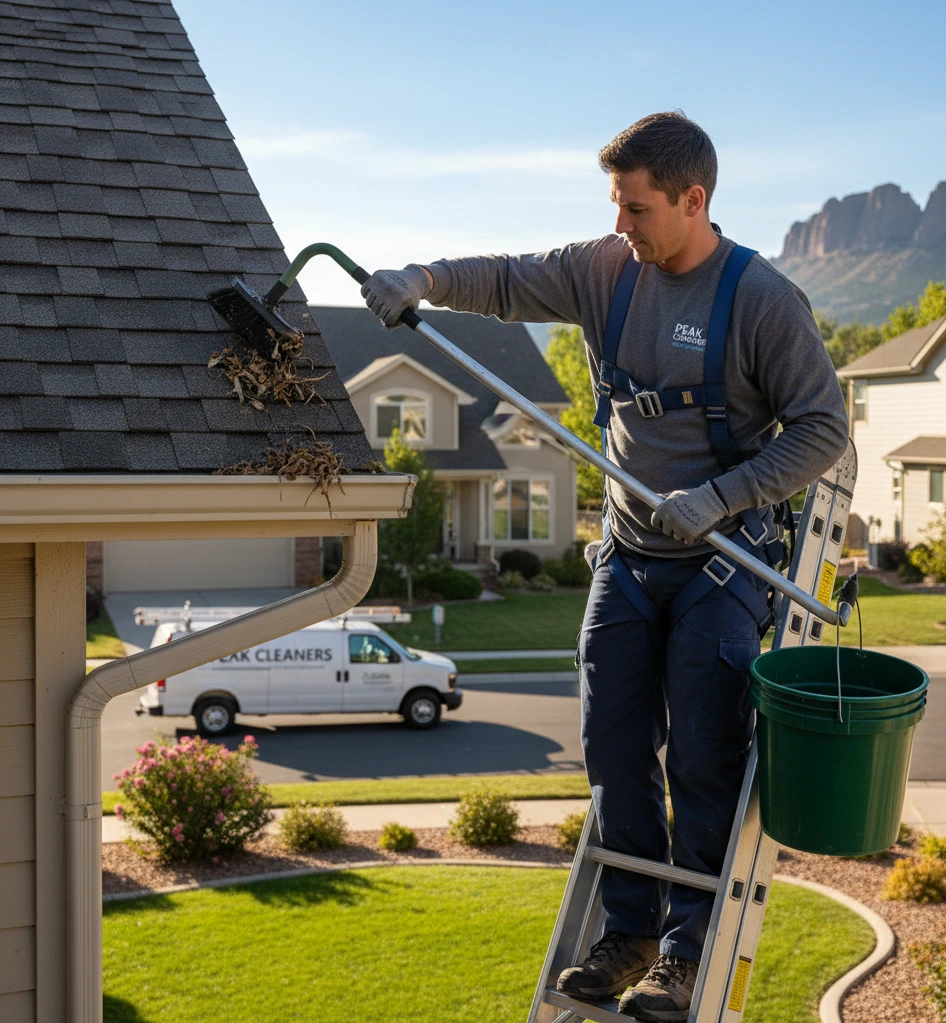 Downspout cleaning cost. Professional cleaning downspout on suburban house in Castle Rock