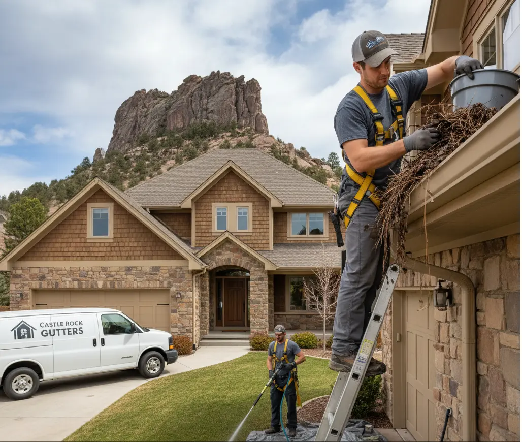 Professional gutter cleaning service clearing debris from a Castle Rock home gutter.