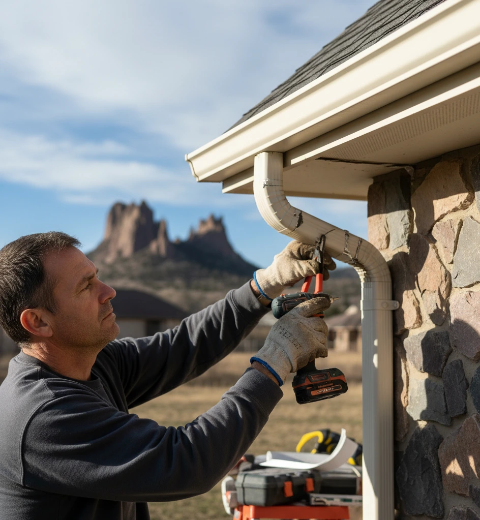 gutter-downspout-repair-castle-rock Gutter Downspout Repair. Homeowner repairing leaking gutter downspout on house exterior