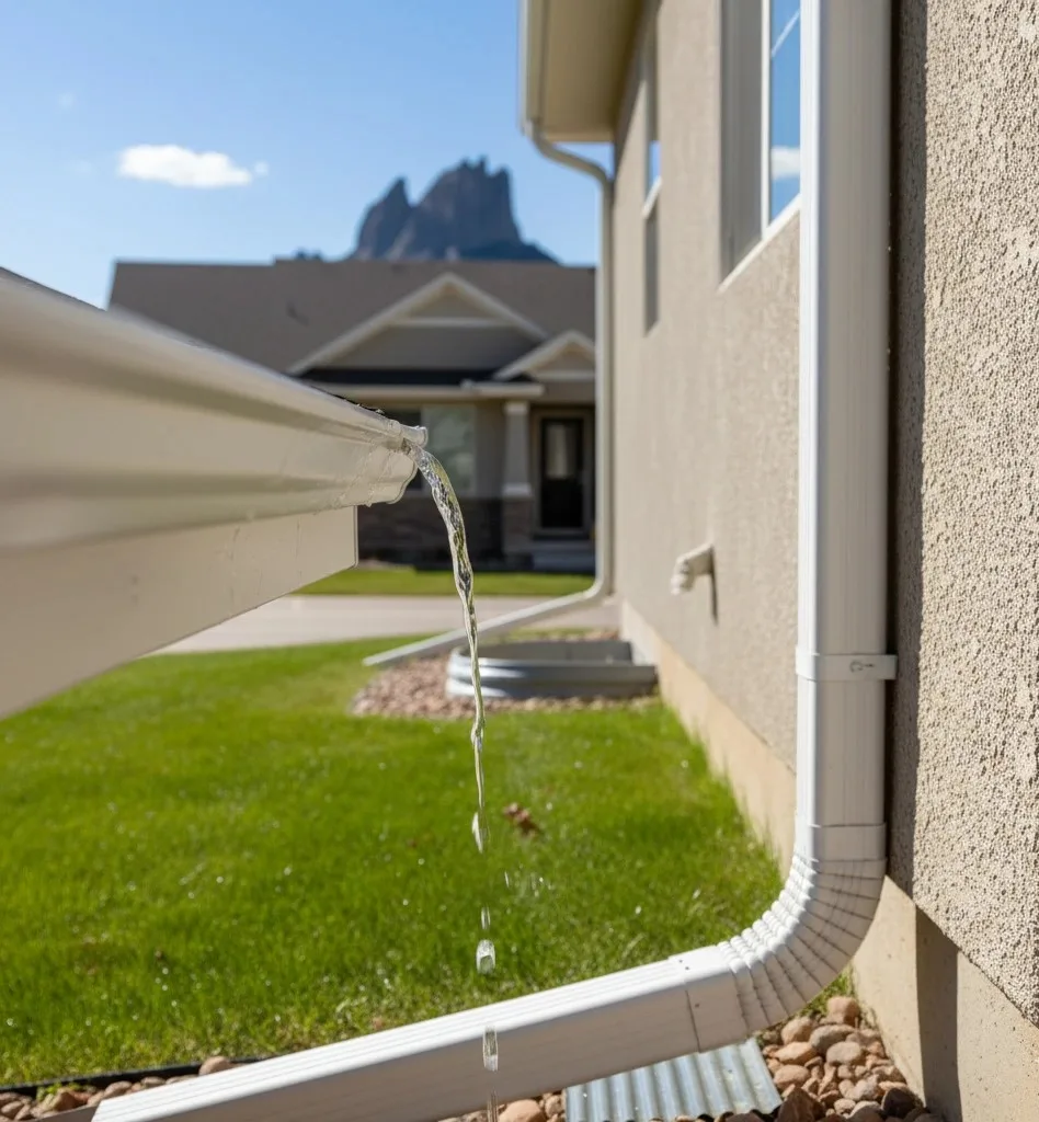 how-to-maintain-gutters-castle-rock How Do I Maintain My Gutters Clean gutters on a suburban Castle Rock home with clear water flow