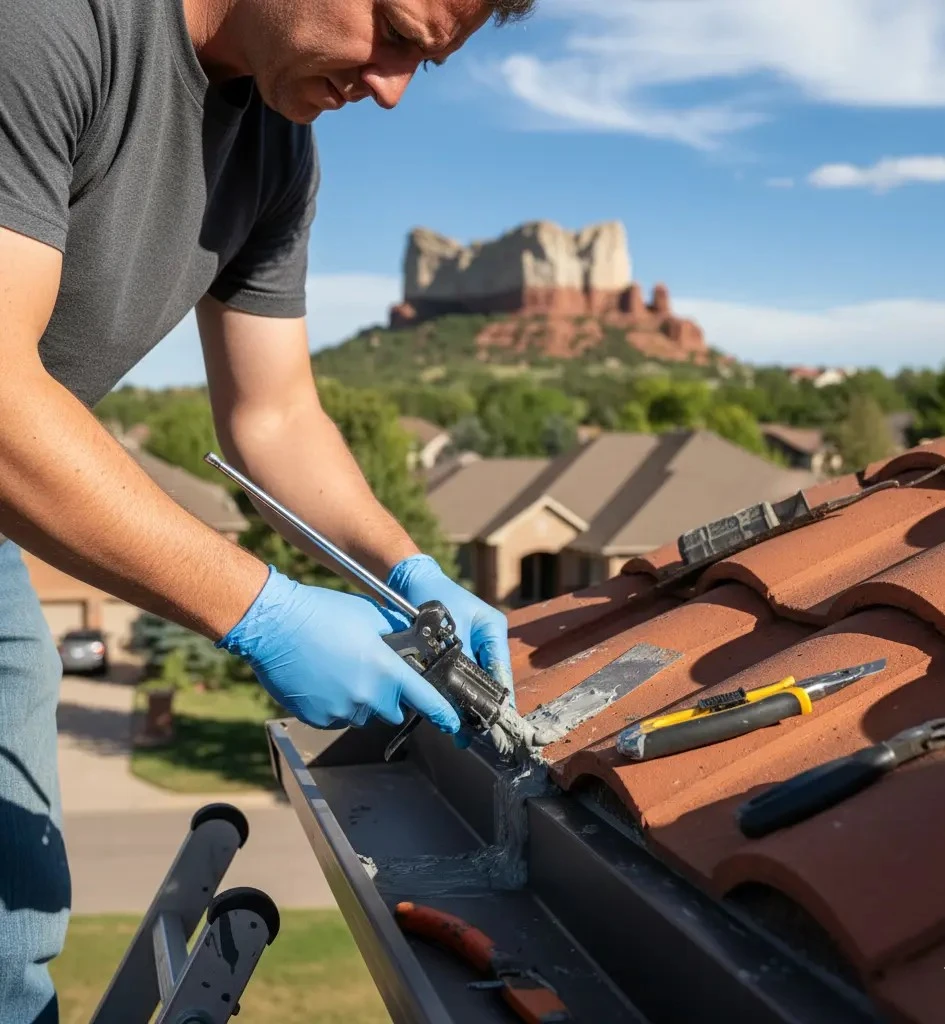 How Do I Repair a Leaking Gutter. Homeowner repairing leaking gutter with sealant and tools in Castle Rock, CO. Internal and external links