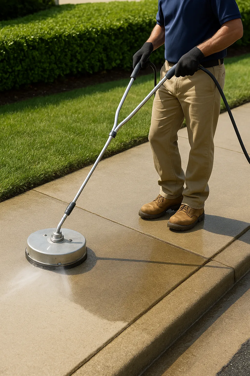 ow-to-Clean-Sidewalk-with-Pressure-Washer How to clean sidewalk with pressure washer. Person cleaning concrete sidewalk using a pressure washer for deep cleaning.