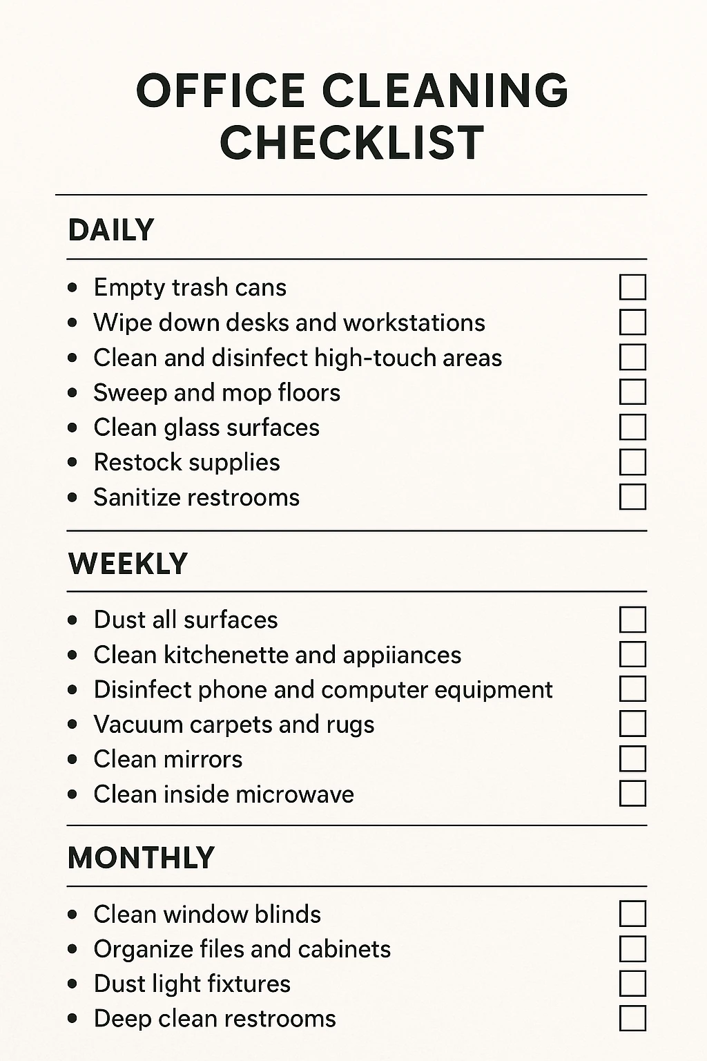 Office-Cleaning-Checklist-for-a-Spotless-Workplace Office cleaning checklist with tasks for daily, weekly, and monthly office maintenance