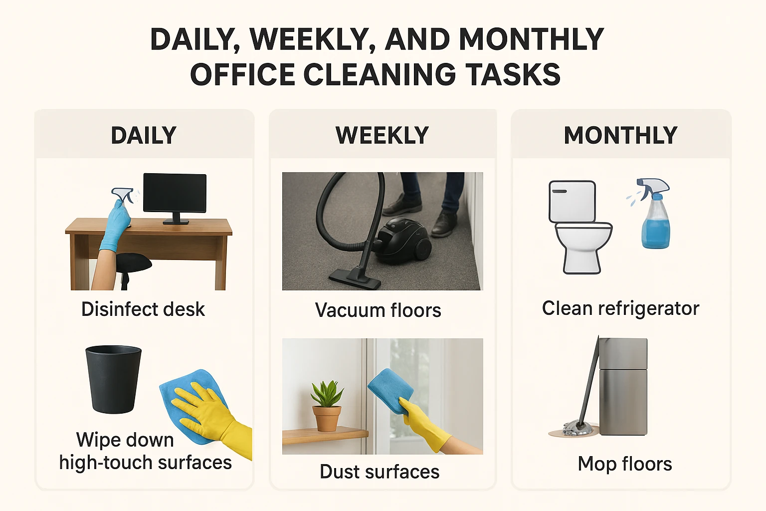 Office-Cleaning-Schedule-Overview Office cleaning schedule with daily, weekly, and monthly tasks for a clean workplace.