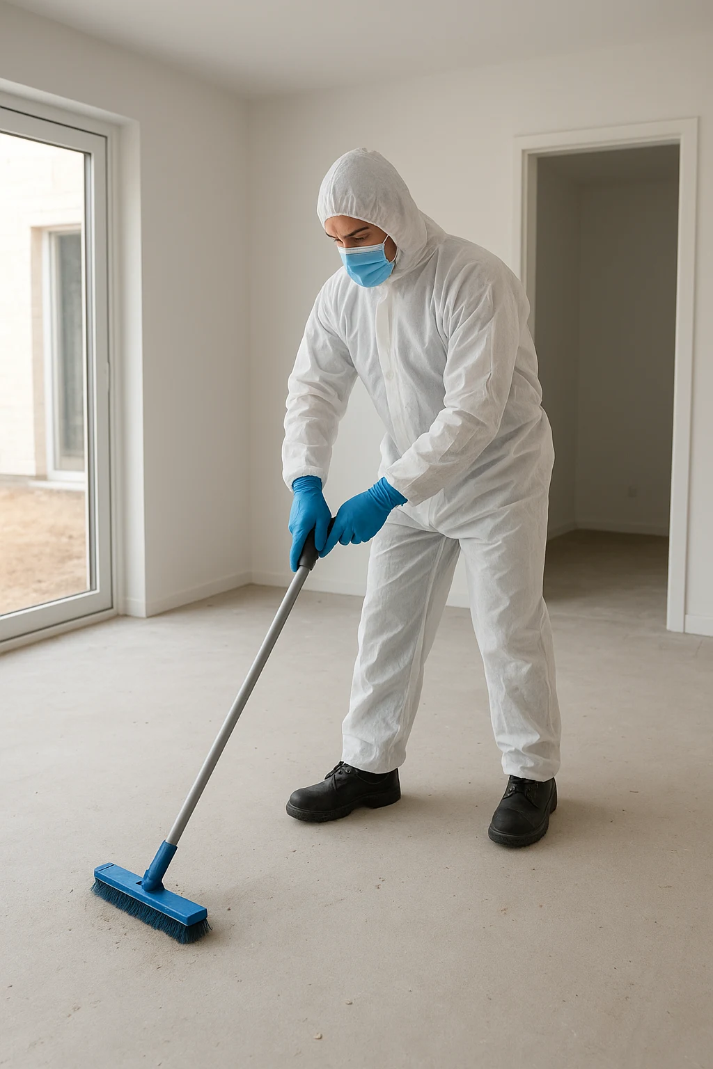 Worker in protective gear cleaning debris and dust from a construction site
