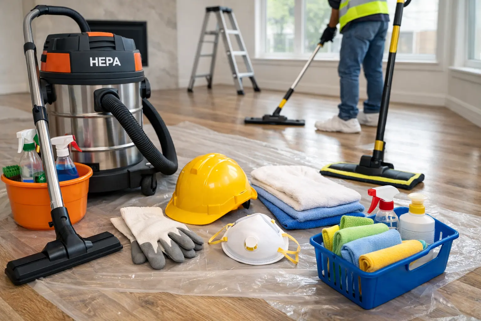 Cleaning equipment including HEPA vacuum, microfiber cloths, and protective gear for post construction cleaning in a home.