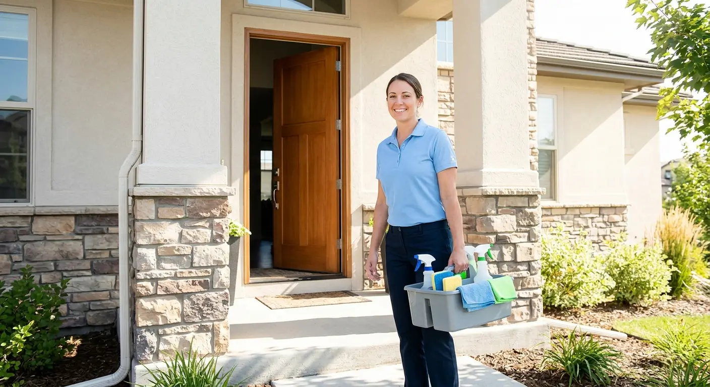 do-house-cleaners-bring-their-own-supplies-castle-pines-villages.webp Woman in light blue uniform carrying a cleaning caddy with supplies into a Castle Pines Villages home before beginning a scheduled house cleaning visit