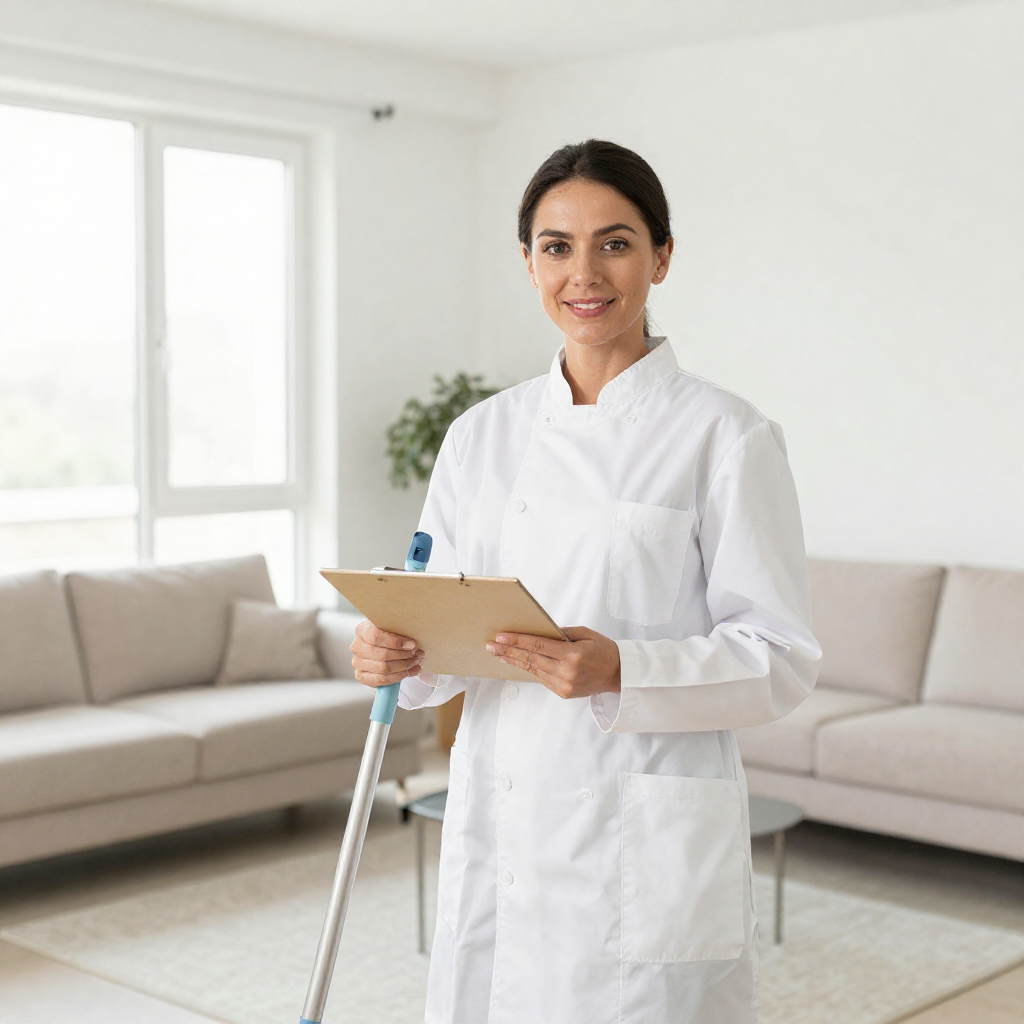 Professional housekeeper in white uniform cleaning a bright modern living room, rule in housekeeping