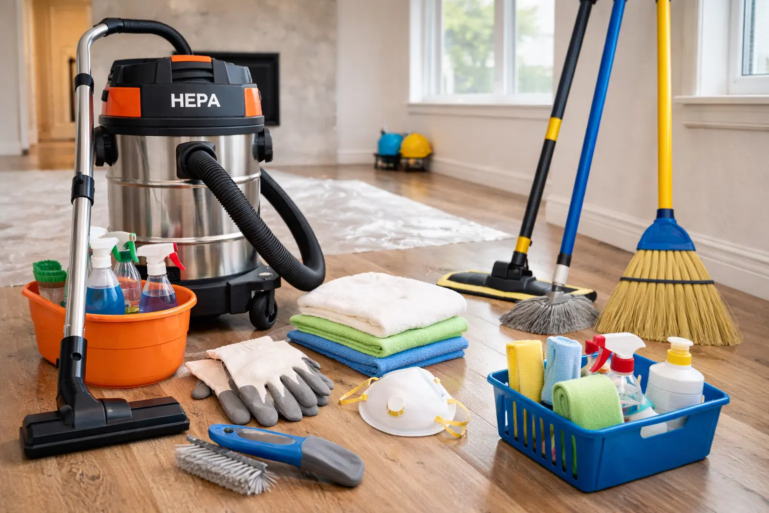 DIY post construction cleaning tools like HEPA vacuum, microfiber cloths, mop, and cleaning supplies on a floor
