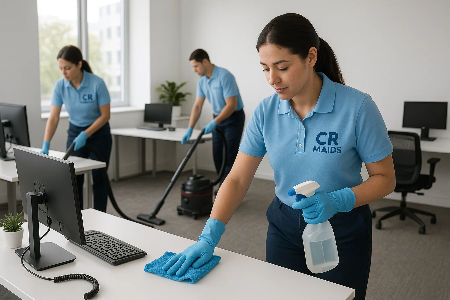 professional-office-cleaning-team office cleaning schedule. CR Maids professional cleaners sanitising an office with vacuum and cleaning supplies