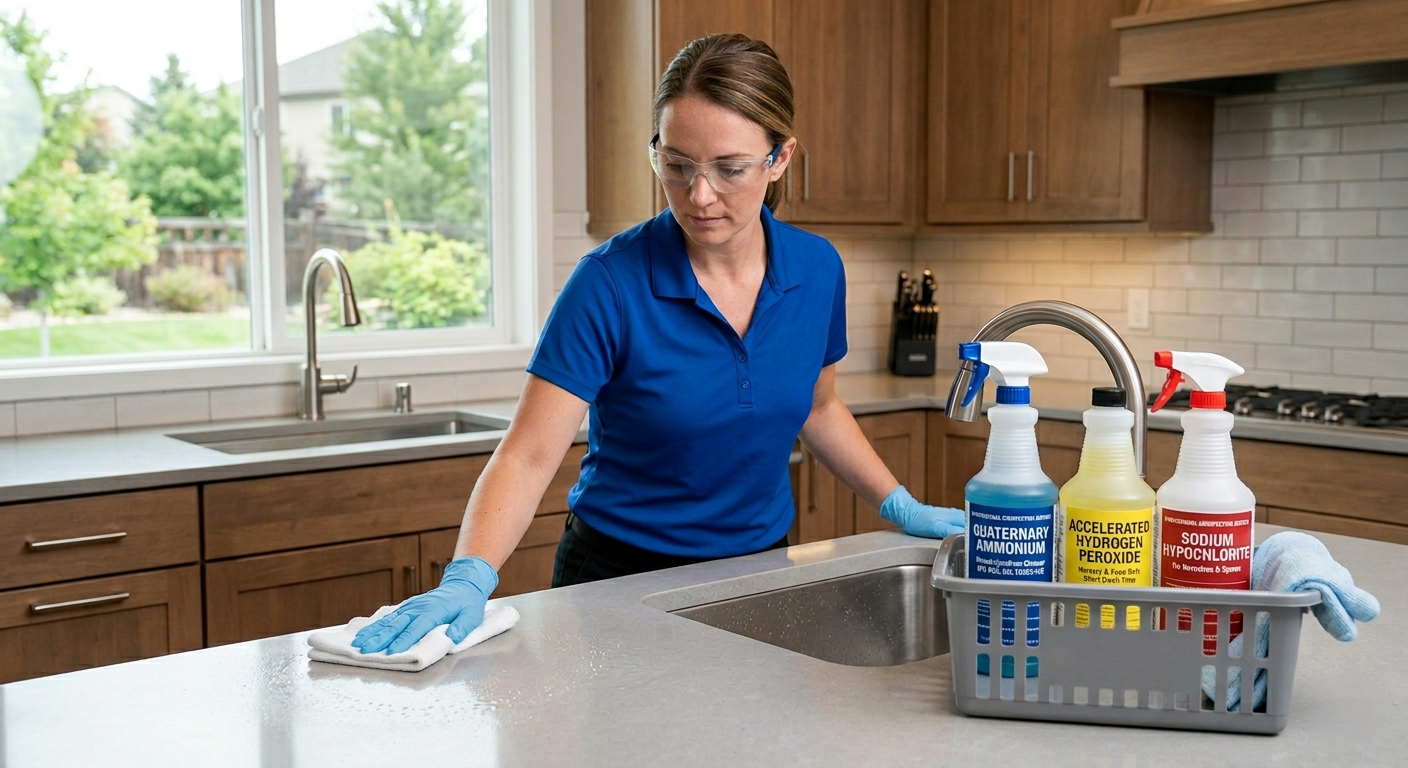 Professional cleaner in a blue uniform wiping a kitchen counter next to a basket of EPA-registered home disinfecting products.