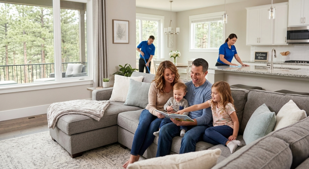 Busy Castle Pines family enjoying time together while CR Maids residential cleaning crew works in the background