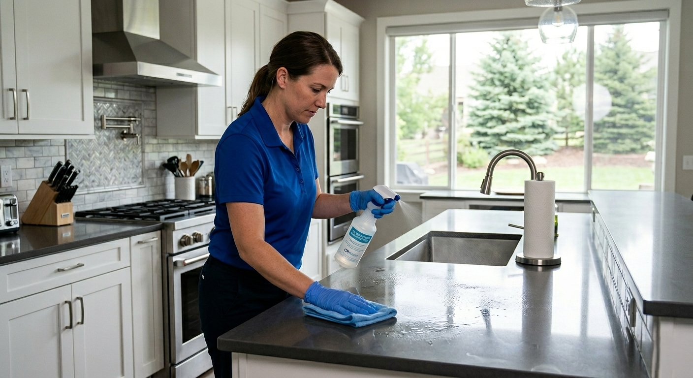 Professional cleaner disinfecting a kitchen counter in a Castle Pines home during a scheduled disinfection visit