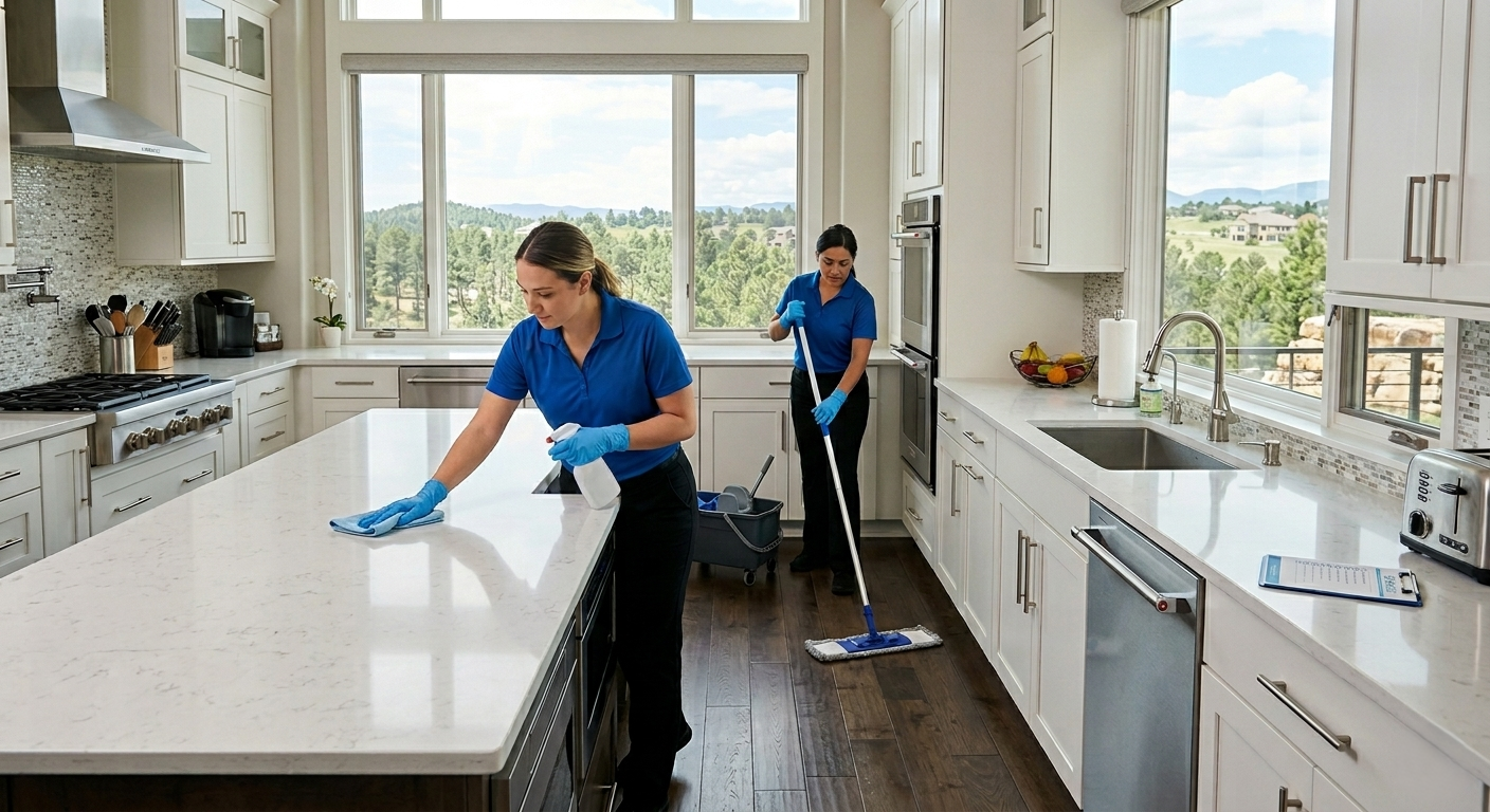 Professional CR Maids crew performing residential cleaning in a Castle Pines kitchen with quartz counters and engineered hardwood floors