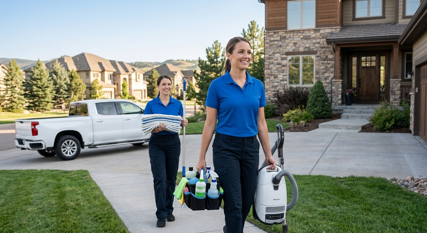 Background-checked CR Maids crew arriving at a Castle Pines home for a recurring residential cleaning visit