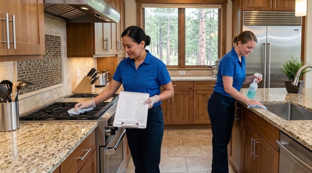 Two-person CR Maids crew following a documented checklist during a residential cleaning visit in a Castle Pines home