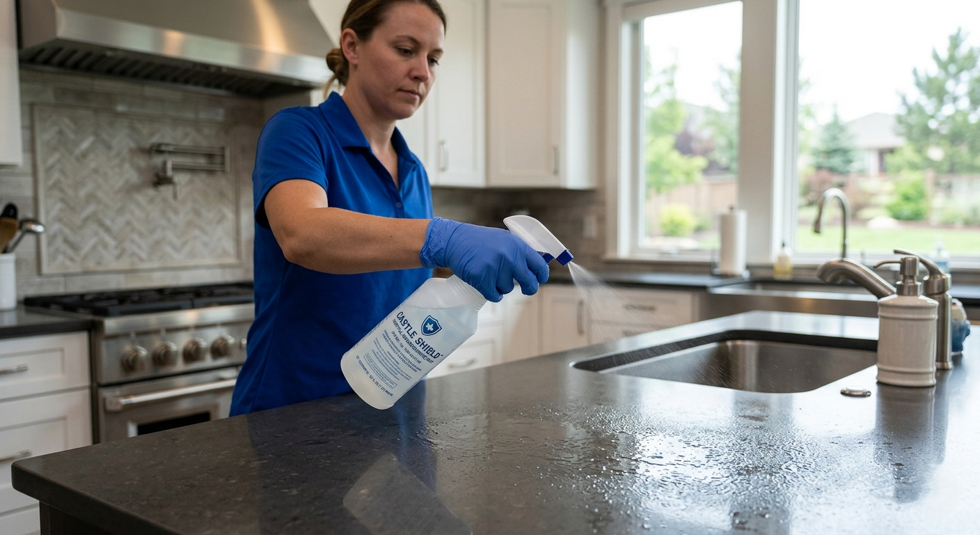 Professional cleaner applying EPA-registered disinfectant during a Castle Pines home disinfecting visit.