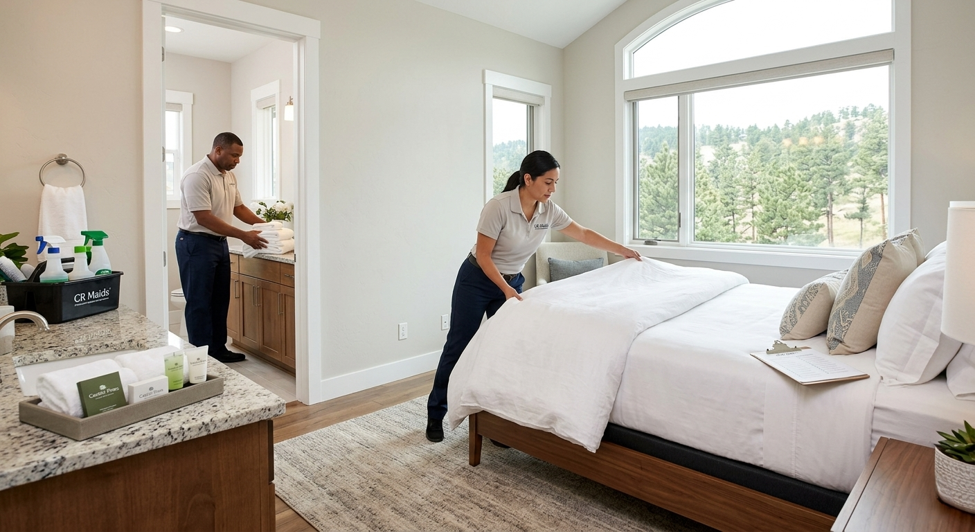 Professional CR Maids crew preparing a Castle Pines vacation rental property for the next guest with fresh linens and staged amenities