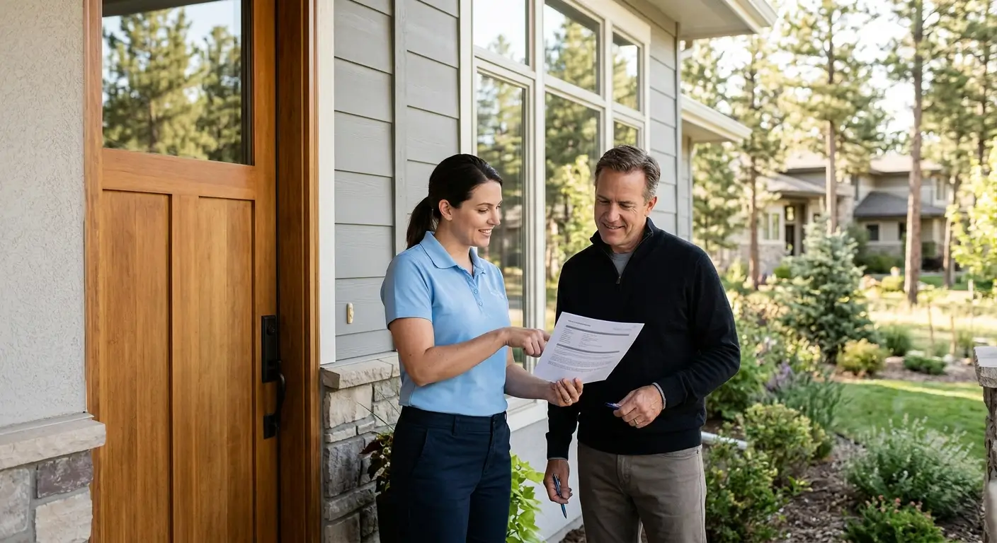 Woman in light blue uniform at a front door reviewing a booking confirmation with a Castle Pines Village homeowner before a scheduled deep cleaning visit