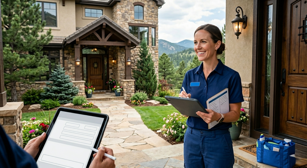 Professional house cleaner in a navy blue uniform holding a tablet while scheduling a residential cleaning service in front of a luxury home.